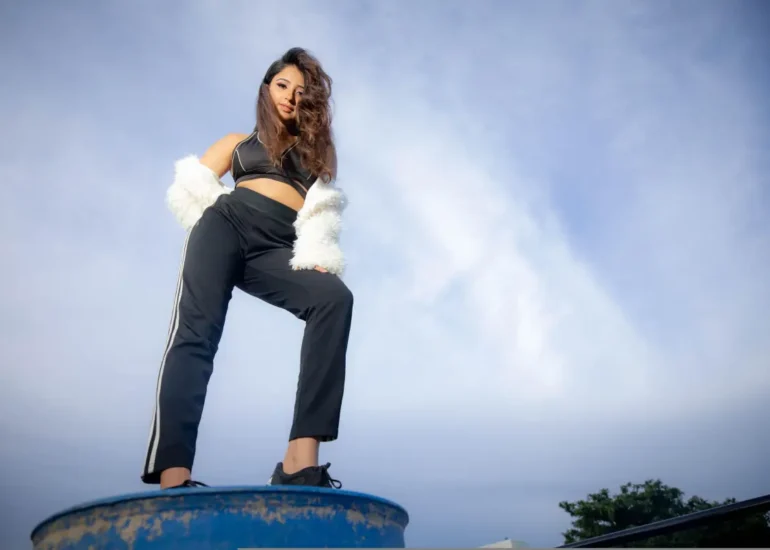 cute Model girl stand on drum